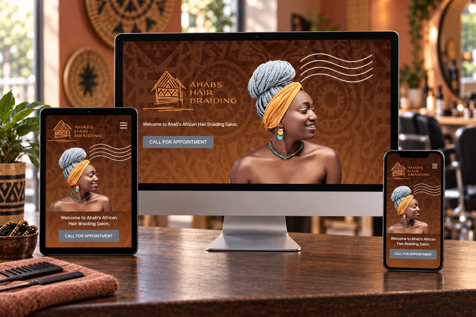 Ahab’s Hair Braiding website mockup on desktop, tablet, and mobile