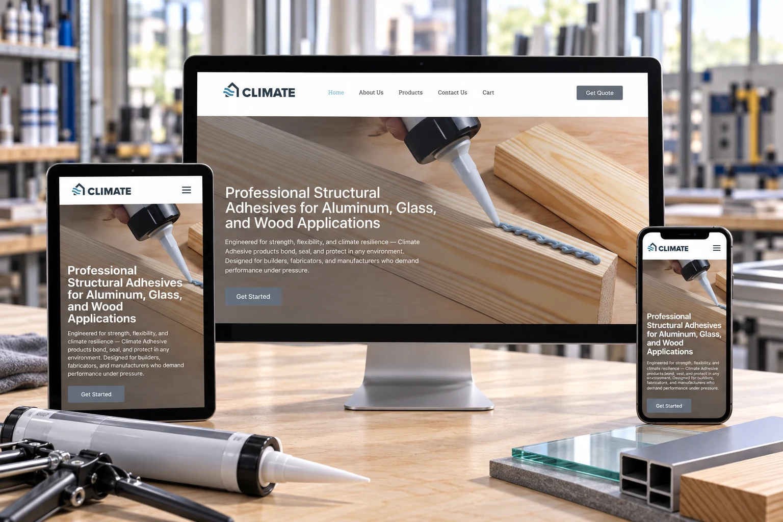 Florida Climate Adhesives website mockup on desktop, tablet, and mobile