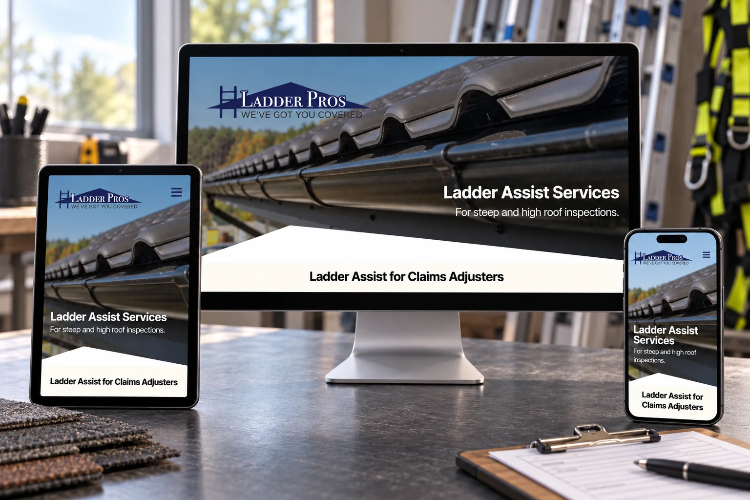 LadderPros website mockup on desktop, tablet, and mobile
