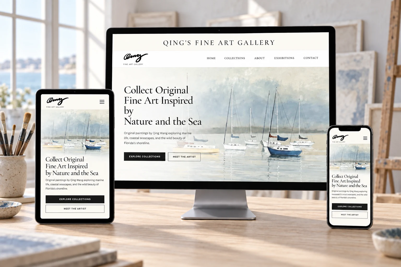 Qing's Fine Art Gallery website mockup on desktop, tablet, and mobile in an art studio
