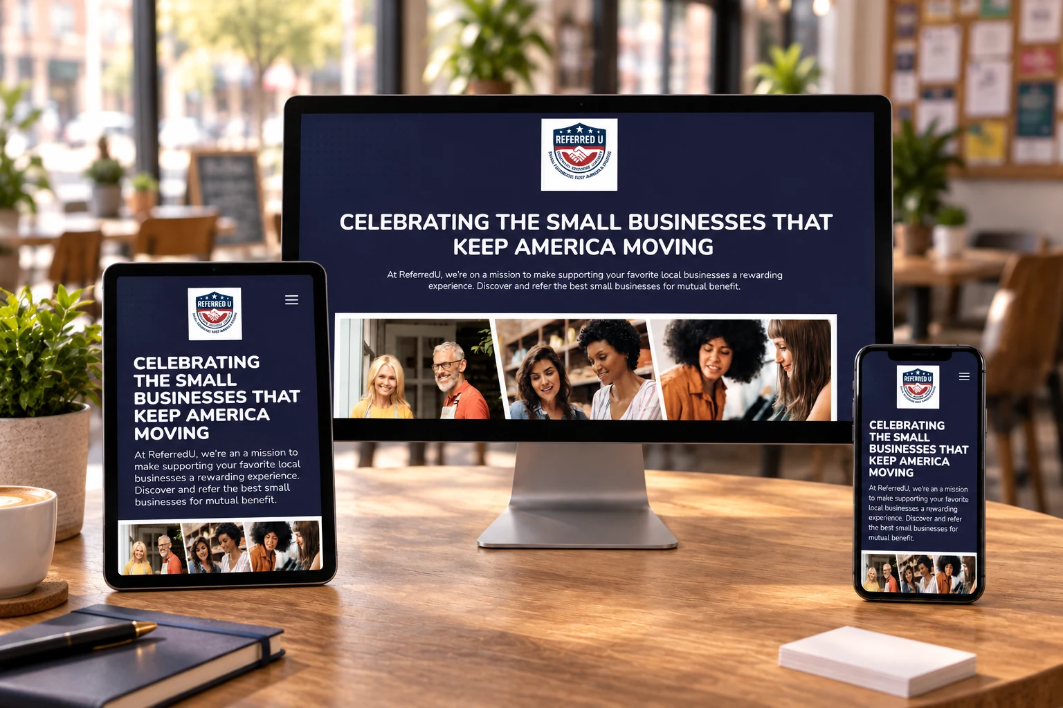 ReferredU website mockup on desktop, tablet, and mobile