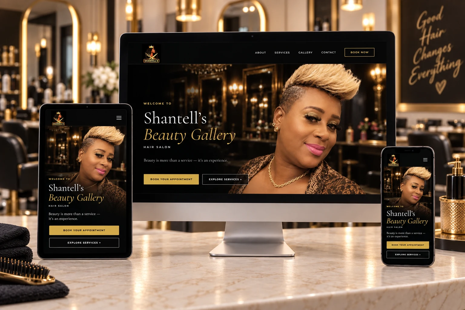 Shantell’s Beauty Salon website mockup on desktop, tablet, and mobile