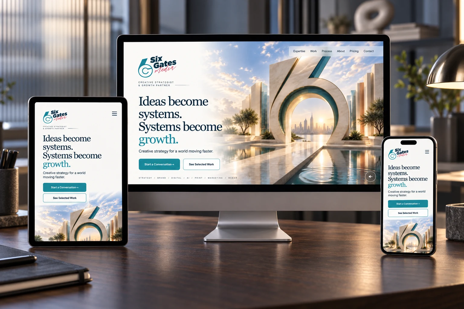 Six Gates Media website mockup on desktop, tablet, and mobile
