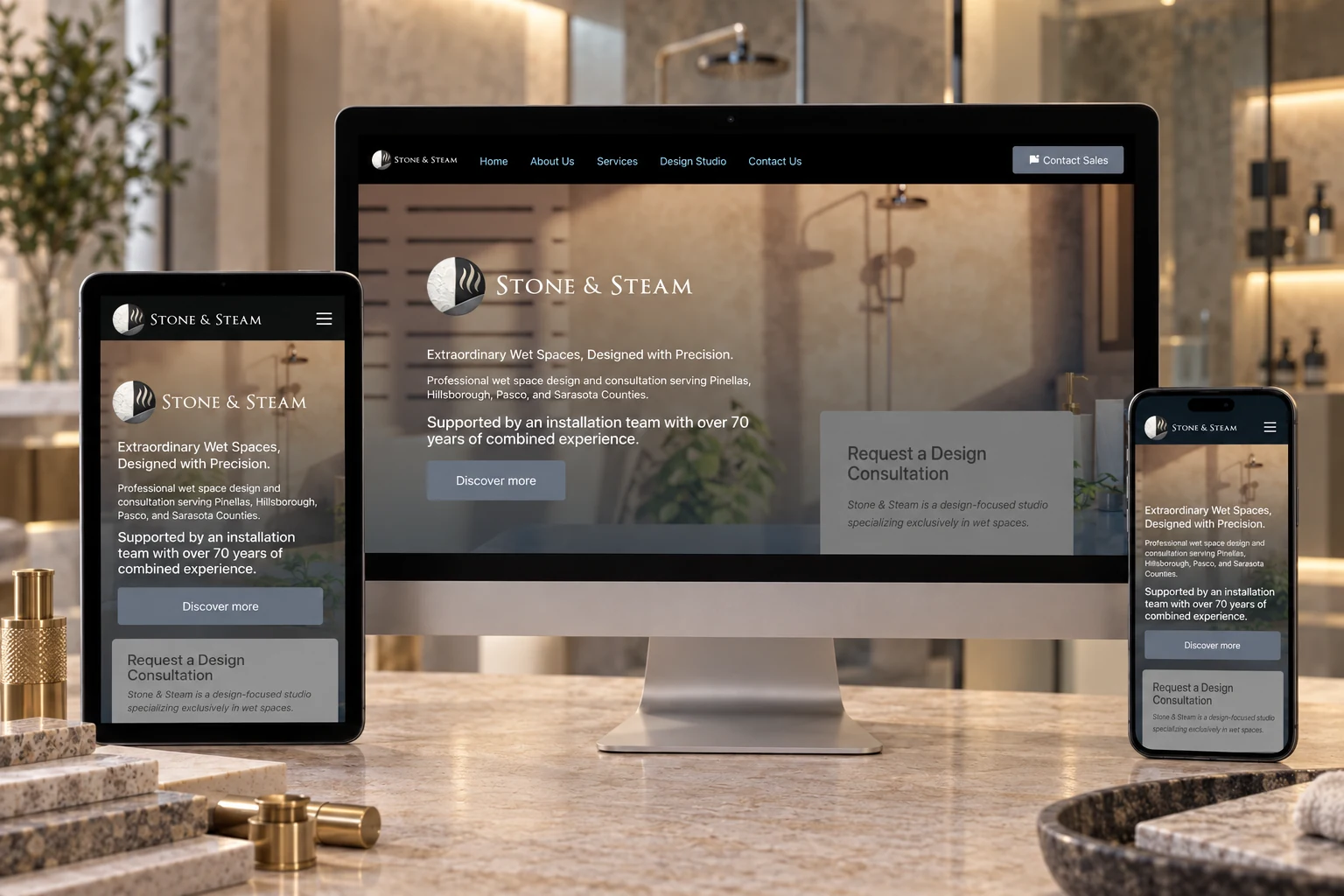 Stone & Steam website mockup on desktop, tablet, and mobile