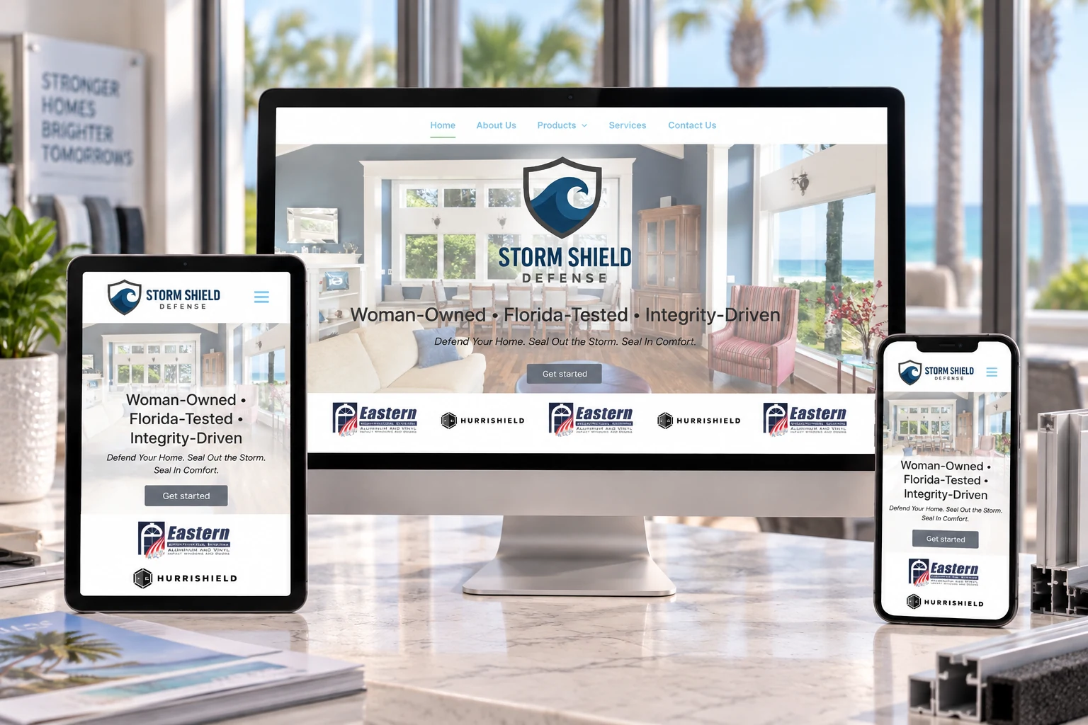 Storm Shield website mockup on desktop, tablet, and mobile