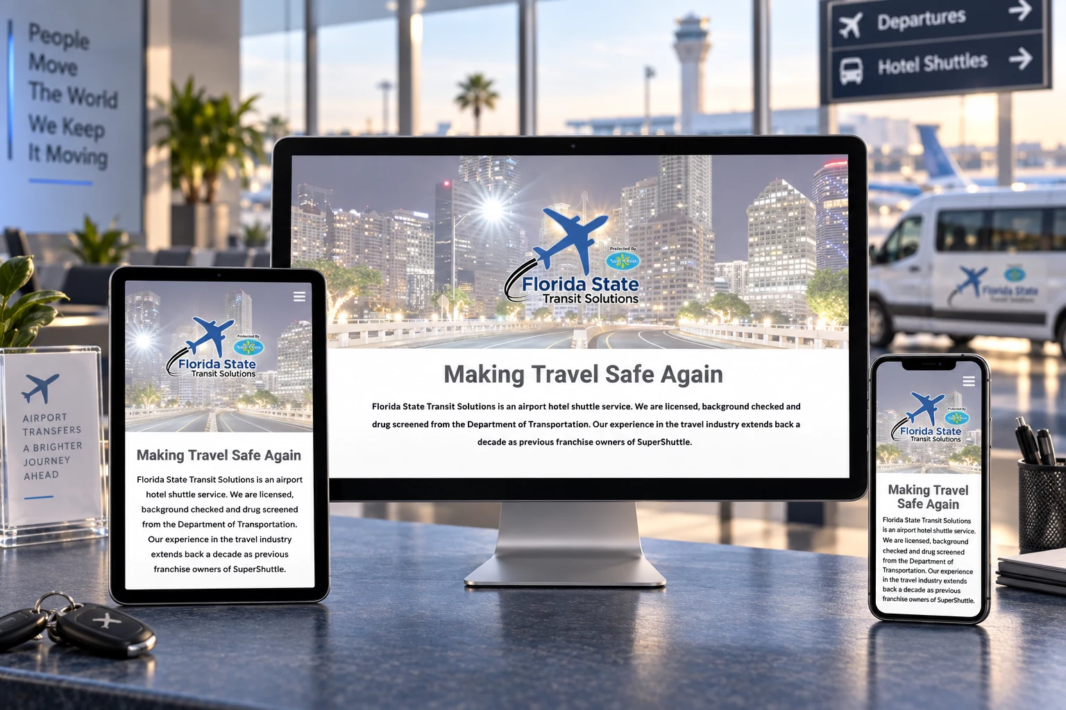 Florida State Transit Solutions website mockup on desktop, tablet, and mobile