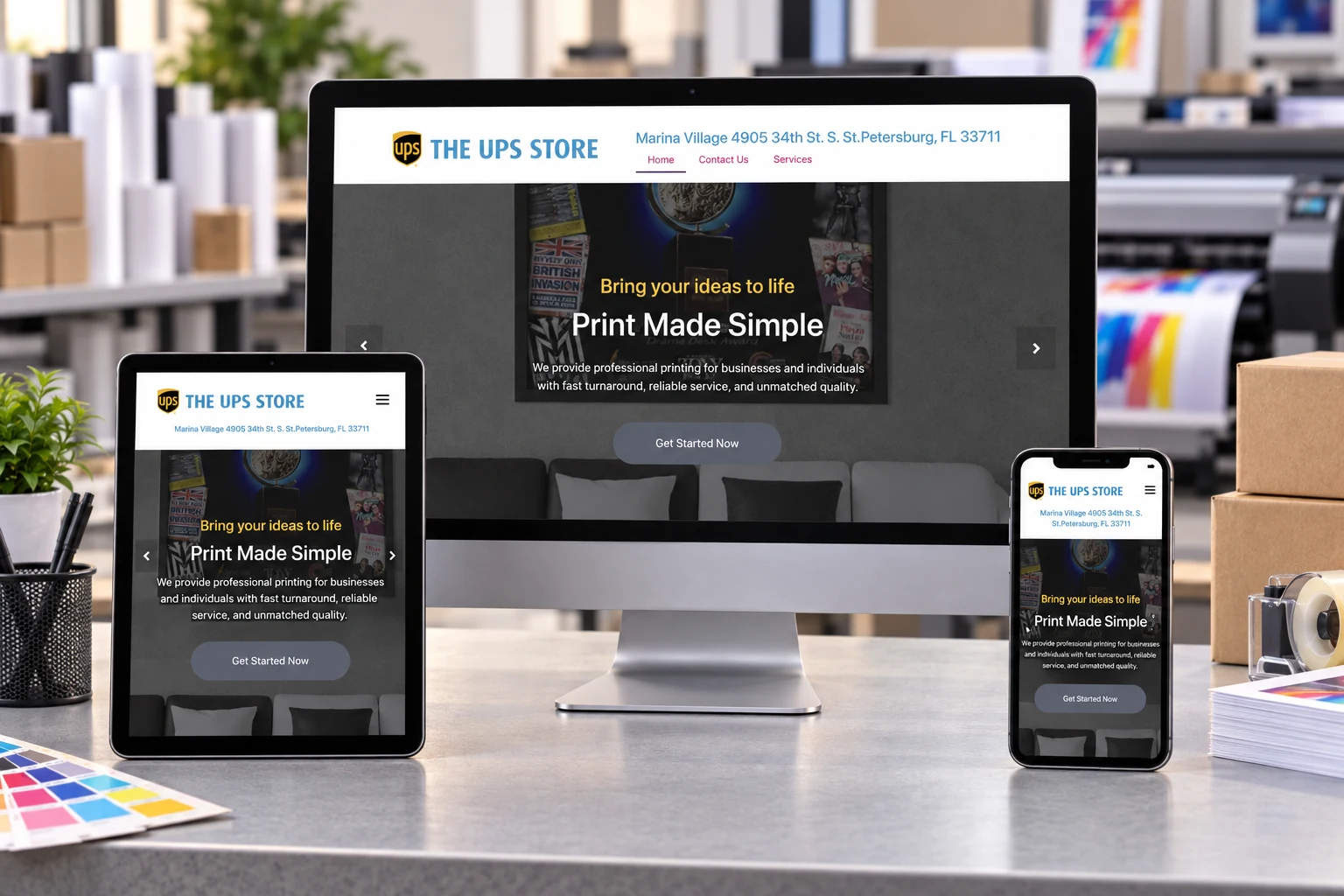 The UPS Store website mockup on desktop, tablet, and mobile